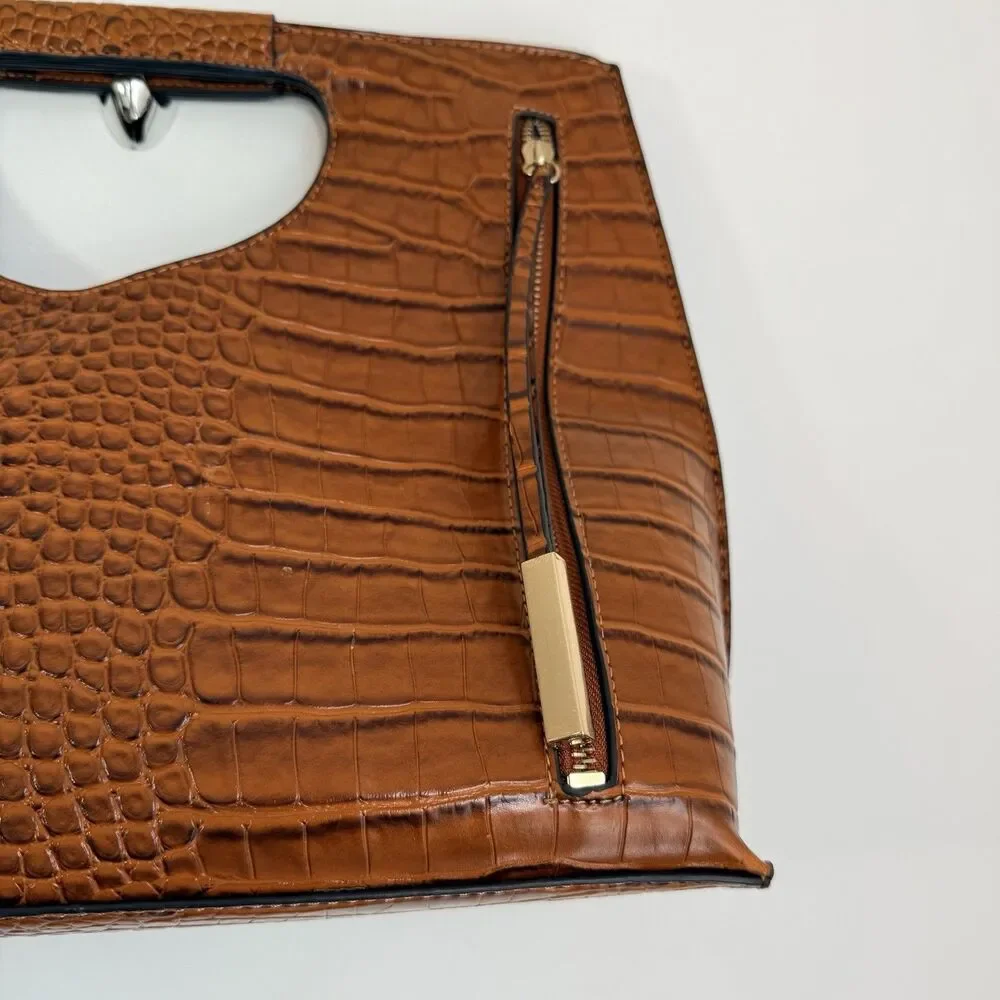 Croc Embossed Brown Faux Leather Clutch Purse Cutout Handle Shoulder Bag - Picture 7 of 16